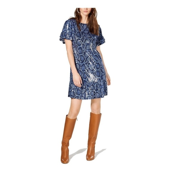 Michael Kors Python Sequin Navy Flounce Dress Sm
